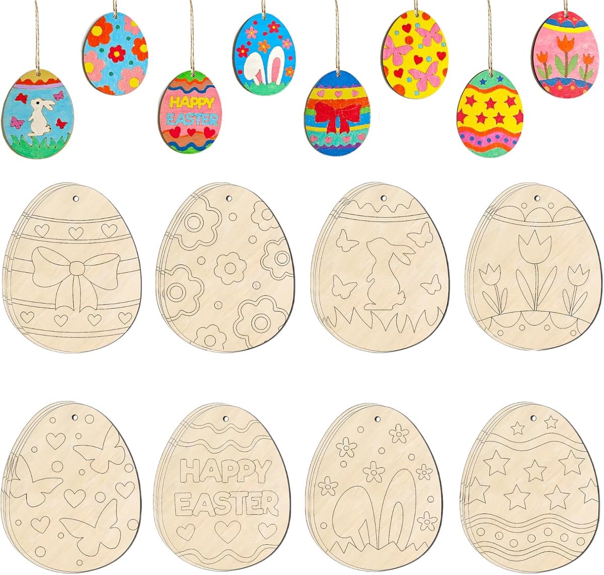 Paaseieren om te knutselen, 32 stuks, onafgewerkte houten doe-het-zelf ornamenten, blanco uitsparingen om te schilderen, hangende decoratie (veelkleurig)
