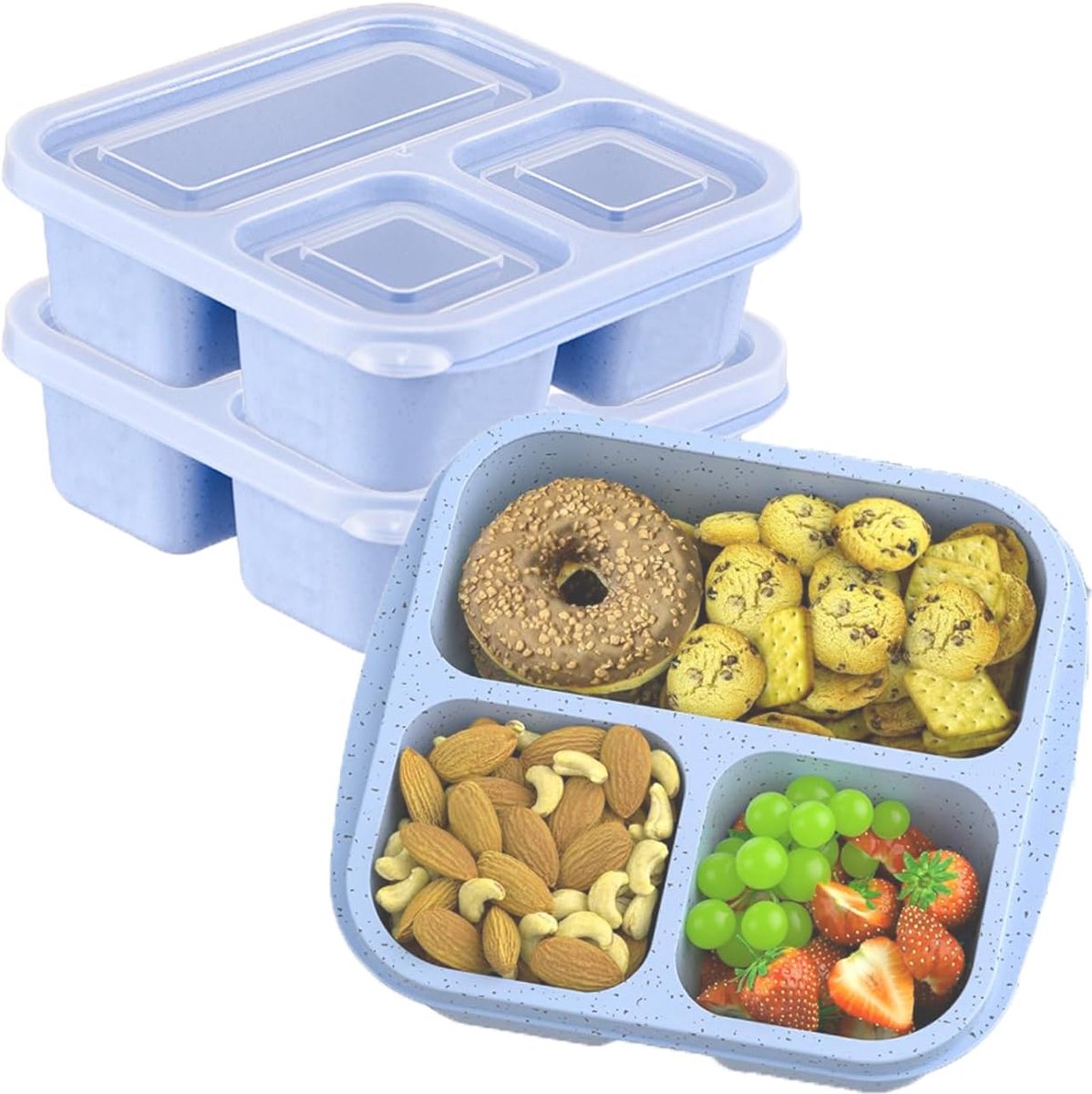 Snackdozen met vakken, 3 compartimenten bento-lunchdozen, de snackbox is geschikt voor magnetrons en vaatwassers, voor school, werk, picknick (Blauw)
