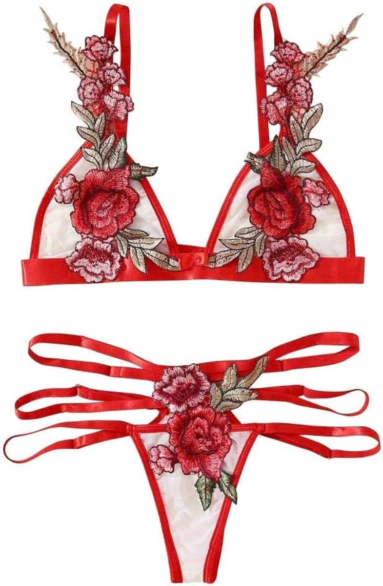 Bodystockings dames Erotische Lingerie Vrouwen Kanten Beha Perspectief Porno Borduurwerk String Verleiding Bondage Dames Sexy Lingerie Ondergoed Set-Red_S