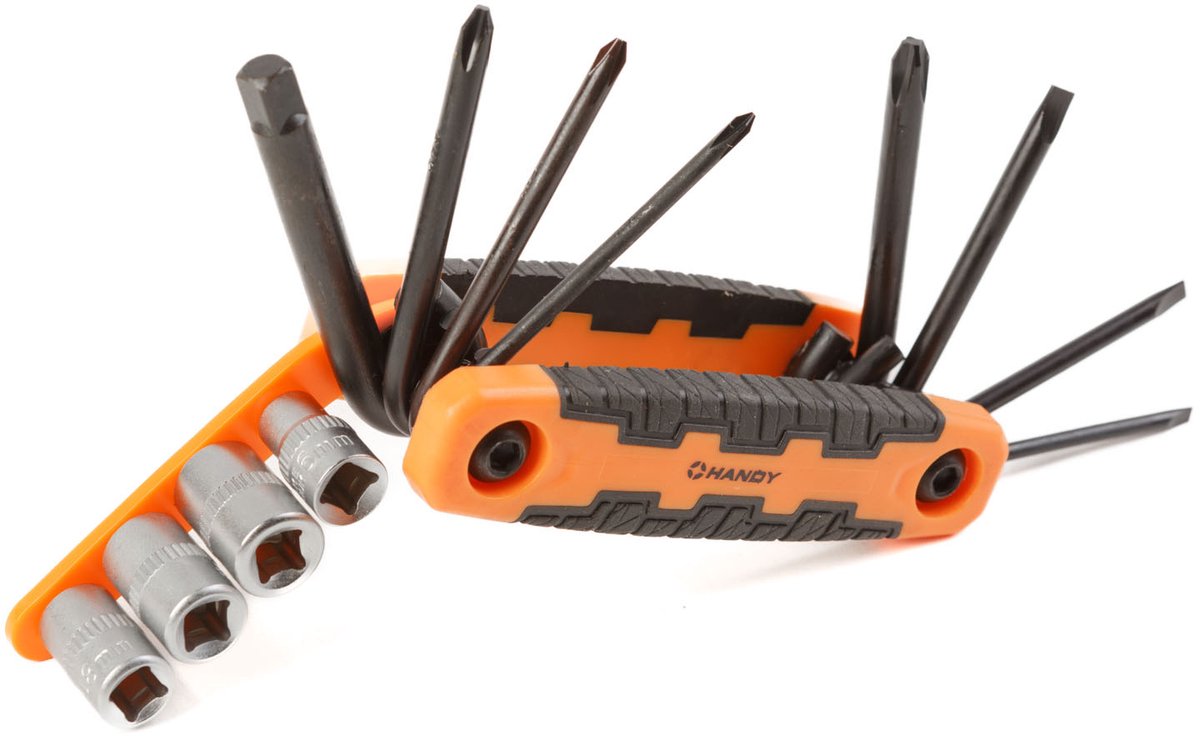 Handy Schroevendraaier- En Doppenset - Opvouwbaar 12-In-1 - Kruiskop PH0/PH1/PH2/PH3 En Plat 3.0/4.0/5.0 Mm - Ringsleutels 1/4" 6/8/9/10 Mm + Dopsleutel - Compact Staal/Rubber - Oranje/Zwart [10858B]
