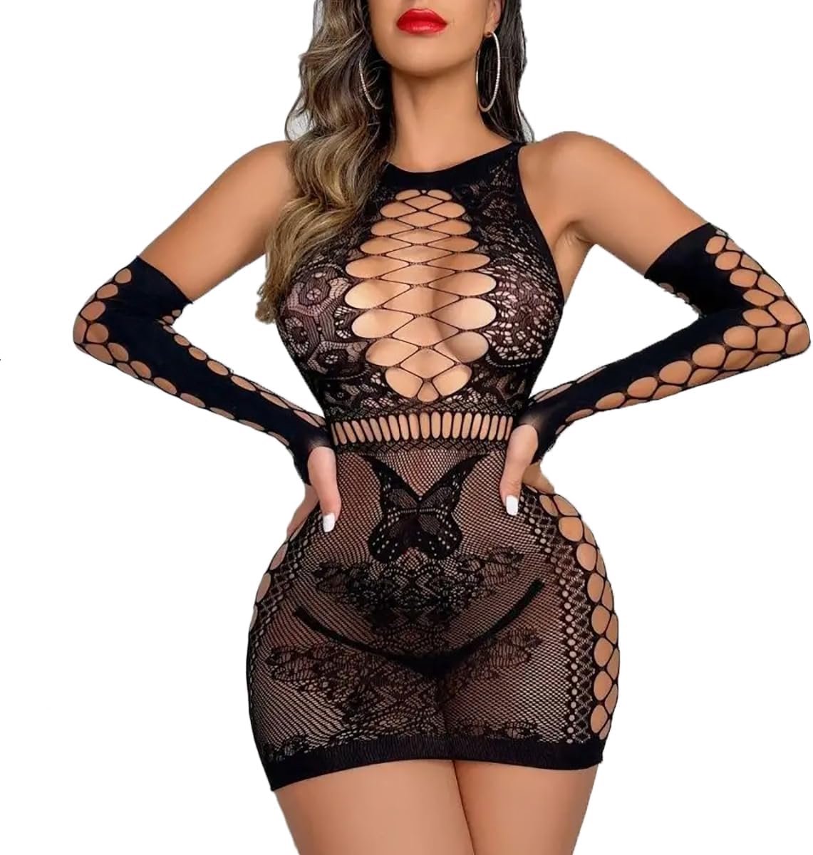 Lingerieset voor dames, netjurk, visnet, mini-jurk met mouwen, nachtkleding, sexy, bodycon, kostuum, babydoll, eenheidsmaat