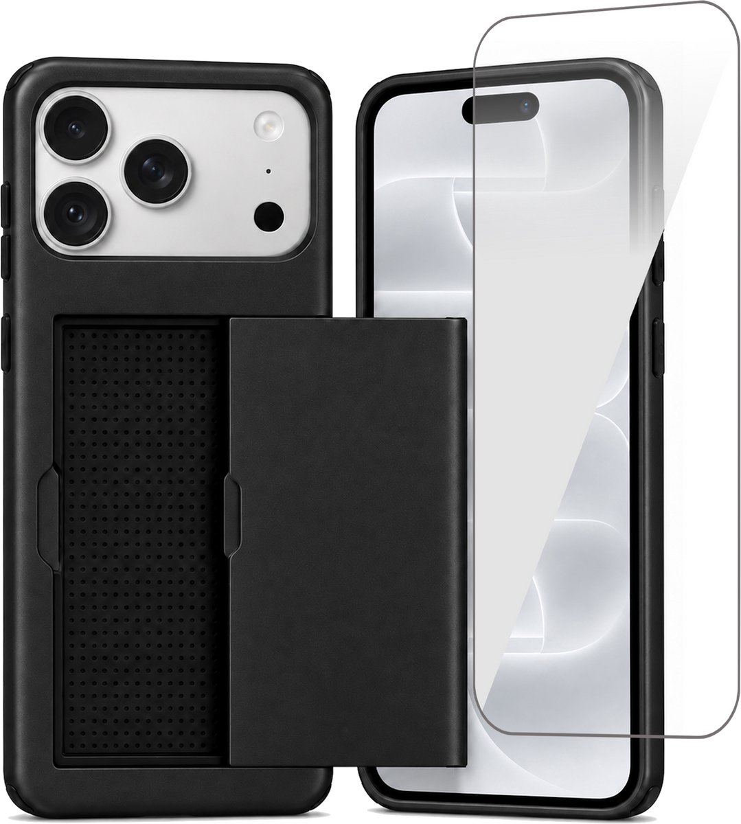 Hoesje met Pasjeshouder geschikt voor iPhone 18 Pro Max / 17 Pro Max – Back Cover Slide Case – Zwart – Met Screenprotector Glas