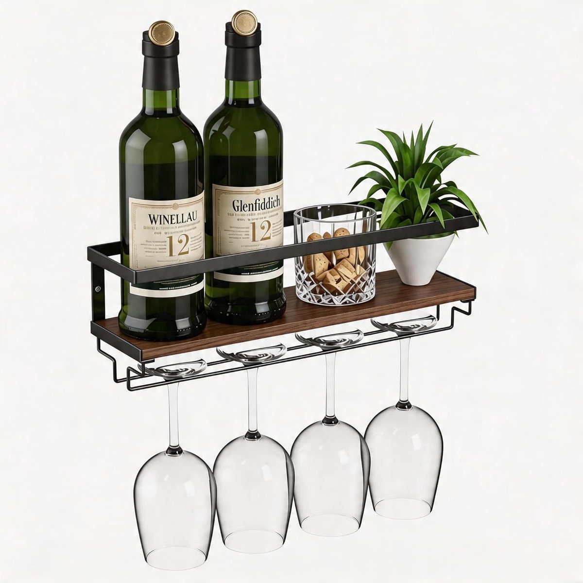 SnelShoppen - Wandmontage Wijnrek met Glashanger - Robuust IJzer en Massief Hout - Zwevend Rek voor Wijnflessen en Wijnglazen - Organizer voor Thuis,