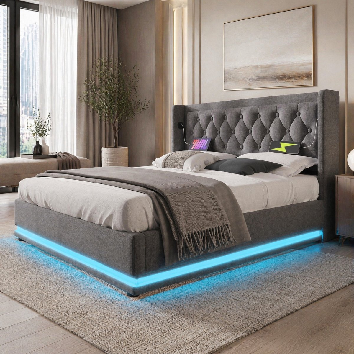 WUVRIE Opbergbed 180x200 cm met hydraulische opbergruimte, LED, USB en USB-C, grijs