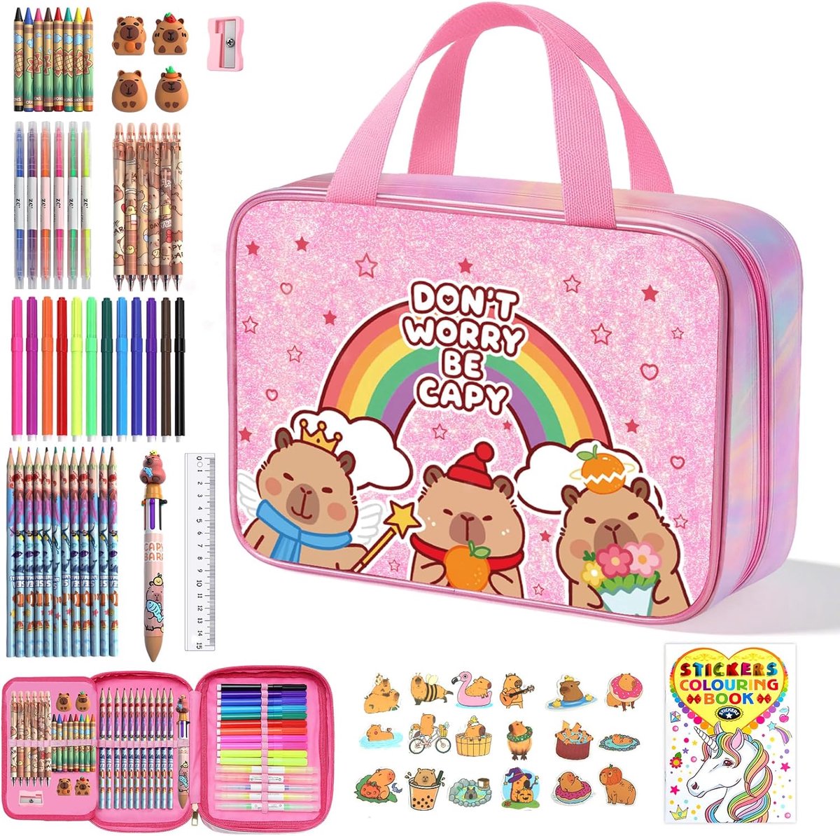 SnelShoppen - JYPS Kunstspullen Convertible Tas voor Meisjes, Kleurteken Set voor Kinderen met Fruitgeurende Stiften, Unicorn Thema, Glitter, Sequins,