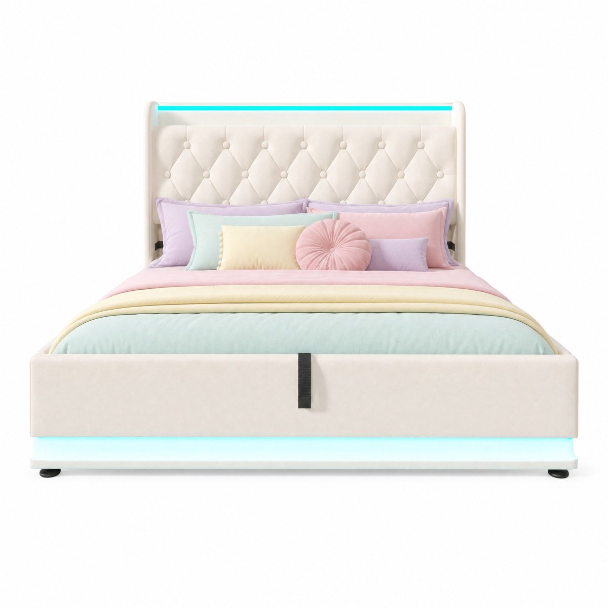 WUVRIE Gestoffeerd tweepersoonsbed 160x200 cm met LED, USB-C, opbergruimte en lattenbodem, wit