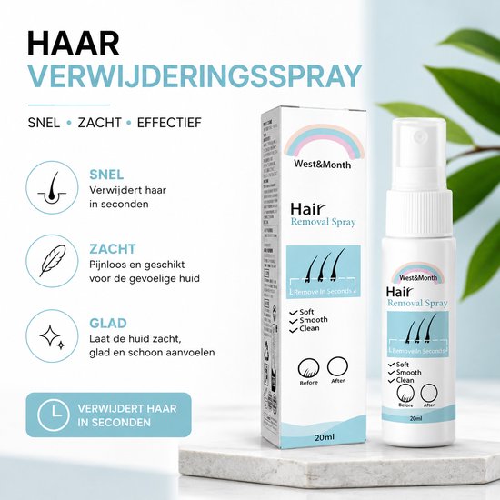 West&Month Hair Removal Spray met tekst 'Snel, zacht, effectief' en icoontjes van haarverwijdering.