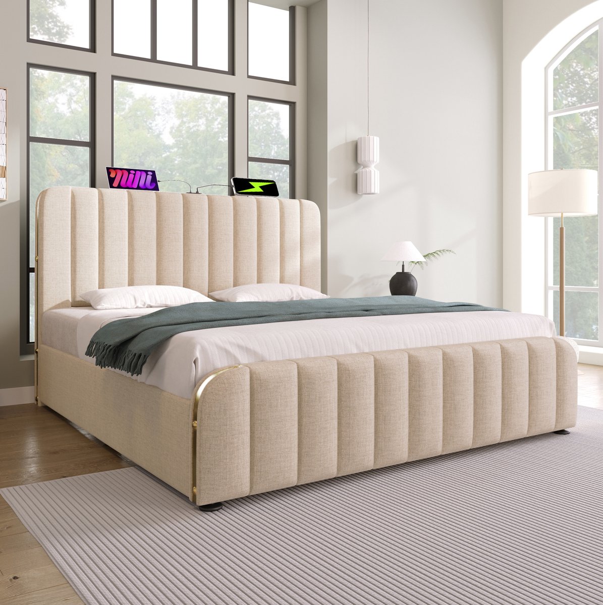 WUVRIE Tweepersoons opbergbed 140x200 cm met hydraulische lift, USB- en Type-C-aansluiting, beige