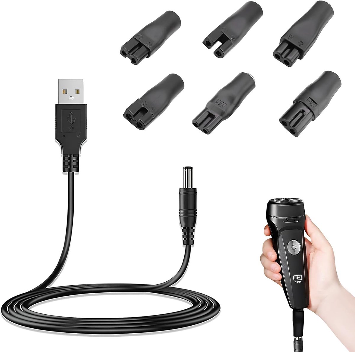 SnelShoppen - 5V Scheerapparaat Oplaadset met USB-adapter, 7-delig, Voor Tondeuses en Baardtrimmers, Ideaal Voor Thuis en Reizen