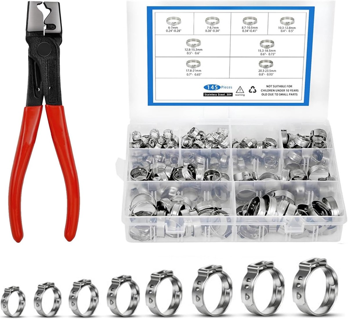 Slangklemmen set 145 stuks - roestvrij staal - 9 maten - duurzame corrosiebestendigheid - ShopVlot