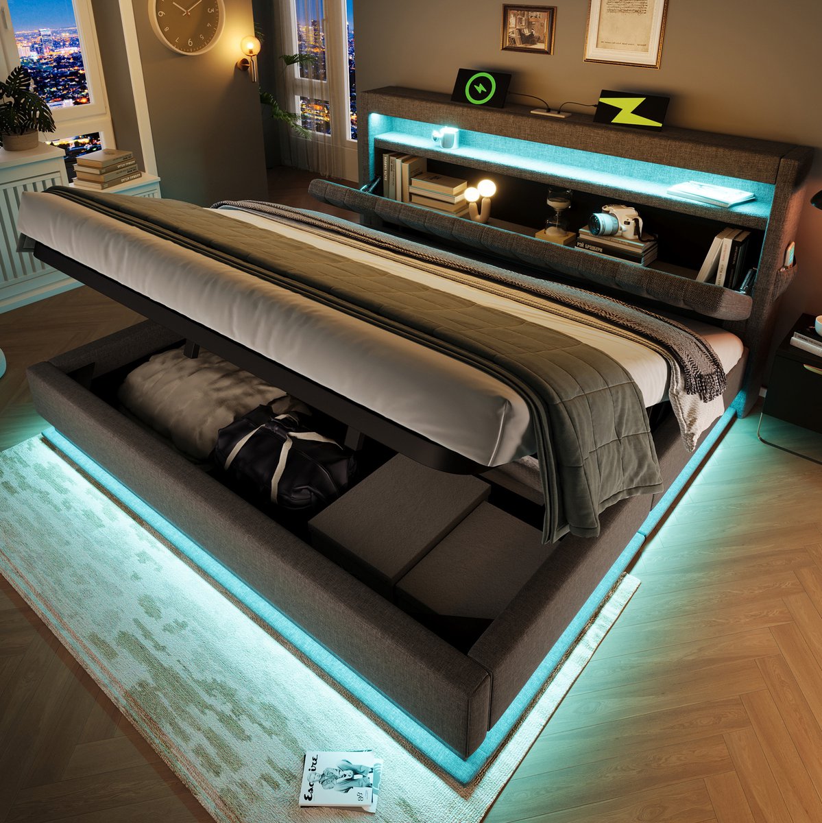 WUVRIE Tweepersoonsbed 140x200 cm met matras, hydraulische opbergruimte, LED, USB en Type-C, grijs