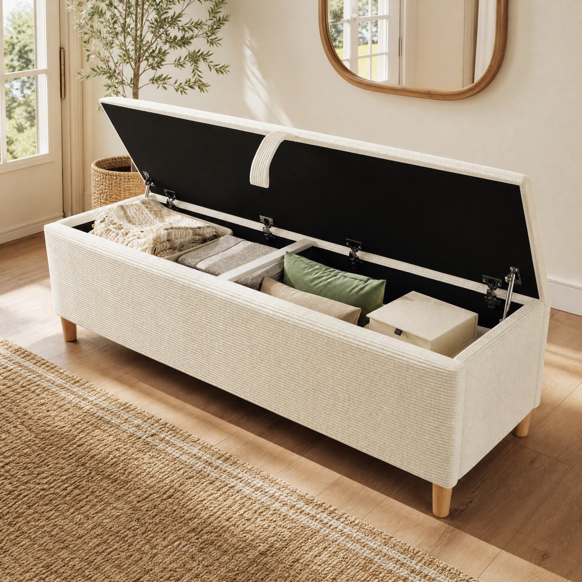 WUVRIE Tweepersoonsbed 180x200 cm met LED-hoofdbord, opbergbank en opbergruimte, beige