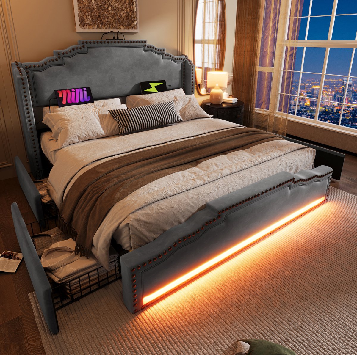 WUVRIE Tweepersoonsbed 160x200 cm met 4 lades, LED-verlichting en USB-C, grijs