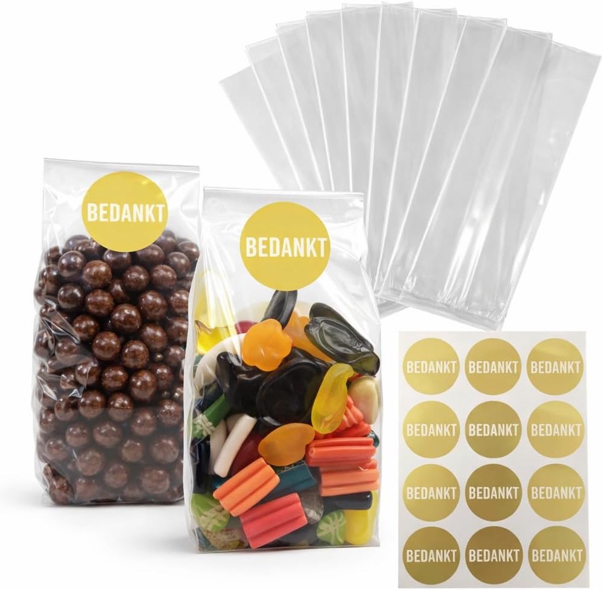 SnelShoppen - 50 Transparante Cellofaan Tassen met Bodem + 60 Gouden 'Thank You' Stickers voor Cadeauverpakking, Feest, Bedankjes, Accessoires, Gesche