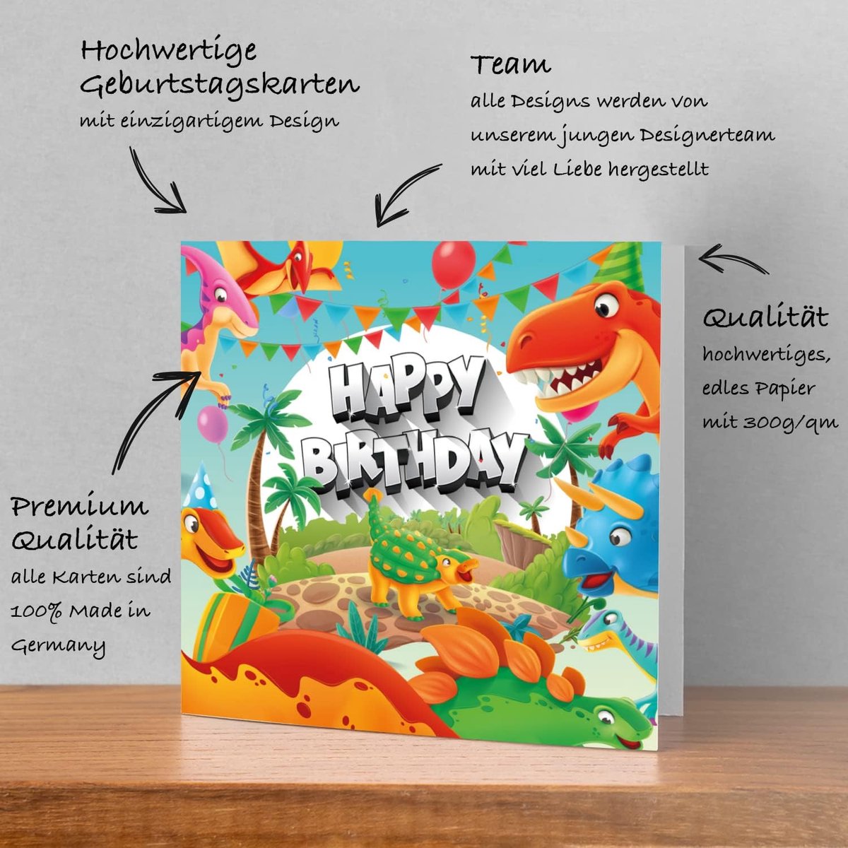 Verjaardagskaart voor Kinderen 14,8 x 14,8 cm - Vrolijke Vouwkaart met Envelope - Dinosaurusthema - ShopVlot