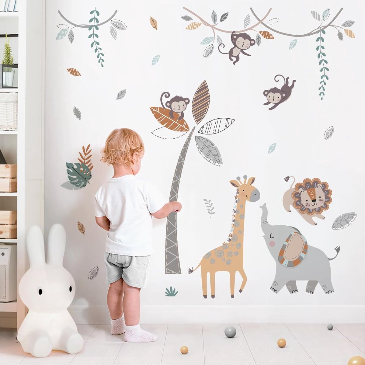SnelShoppen - Boho Jungle Dieren Wandstickers - Safari Wanddecoratie voor Kinderen - Olifant, Giraffe, Aap - Peel & Stick PVC Muurstickers voor Baby-