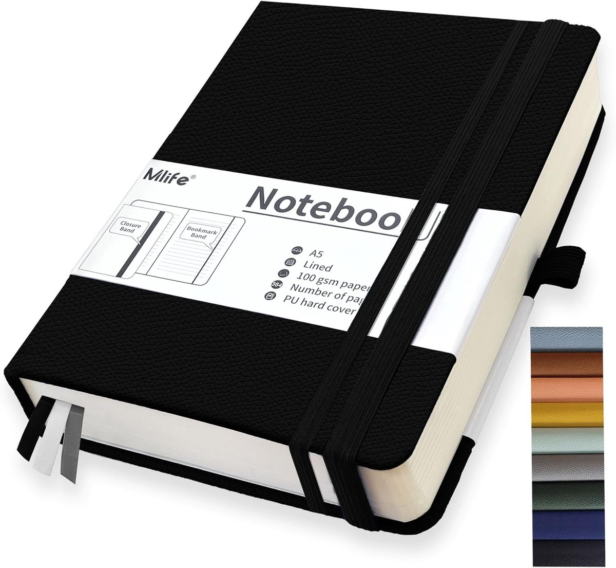 SnelShoppen - A5 Notitieboek Verdikt, 360 Pagina's, 100g/m² Inkt Bestand Papier, Zwart, Met Penhouder, Elastische Sluitbanden en Lintbladwijzers voor