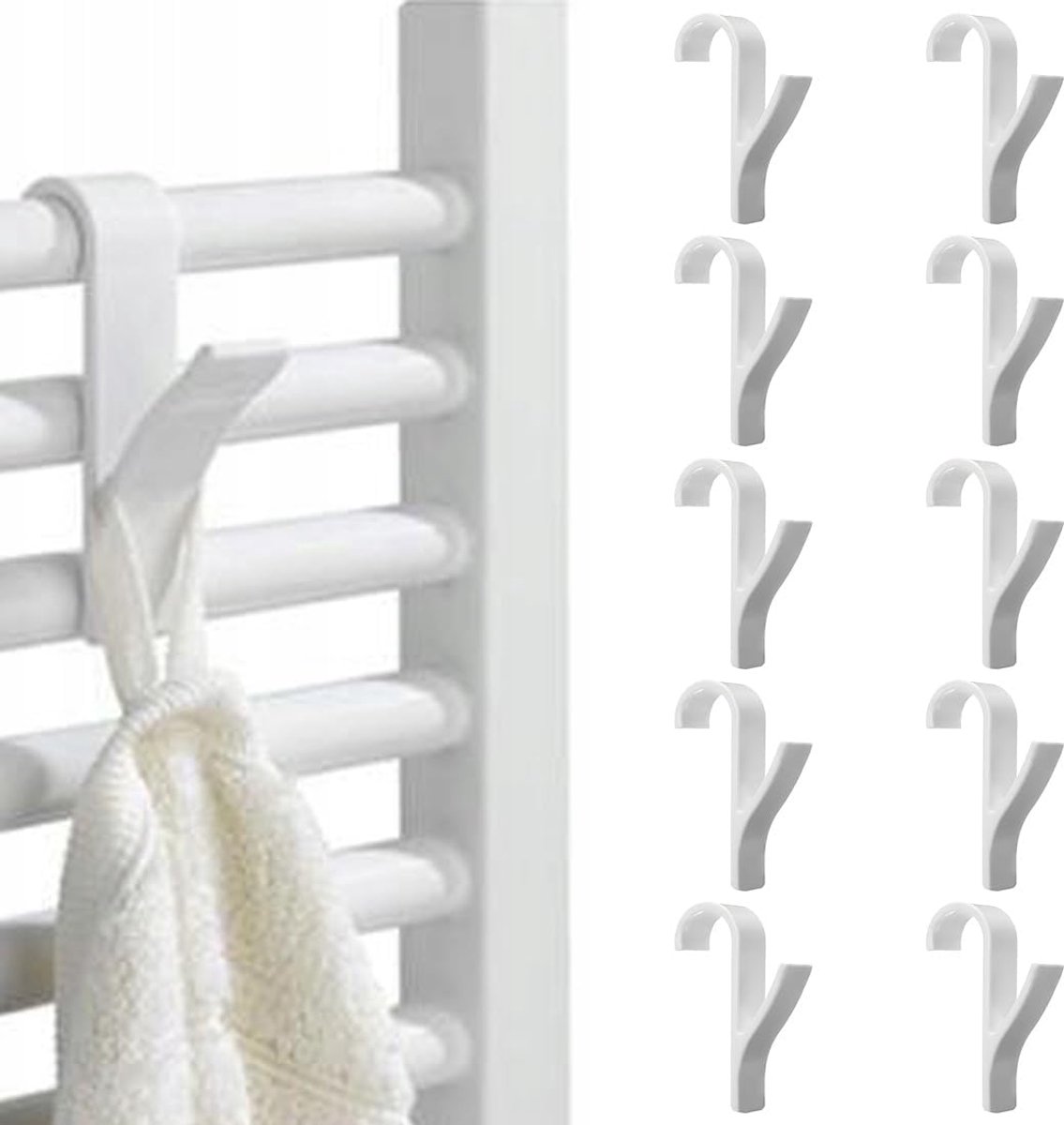 SnelShoppen - 10 Stuks Witte Ronde Radiator Haken, Multifunctionele Kapstokken voor Badkamer Radiatoren, Eenvoudige Installatie, Sterk PS Materiaal