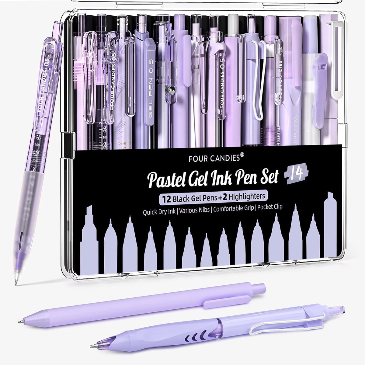 SnelShoppen - Four Candies Gel Intense Pen Set - 14-delige Gelpen Set met Etui, 12 Zwarte Inktpennen en 2 Markers, 0.5mm Fijne Punt, Lilac Kleur, Idea