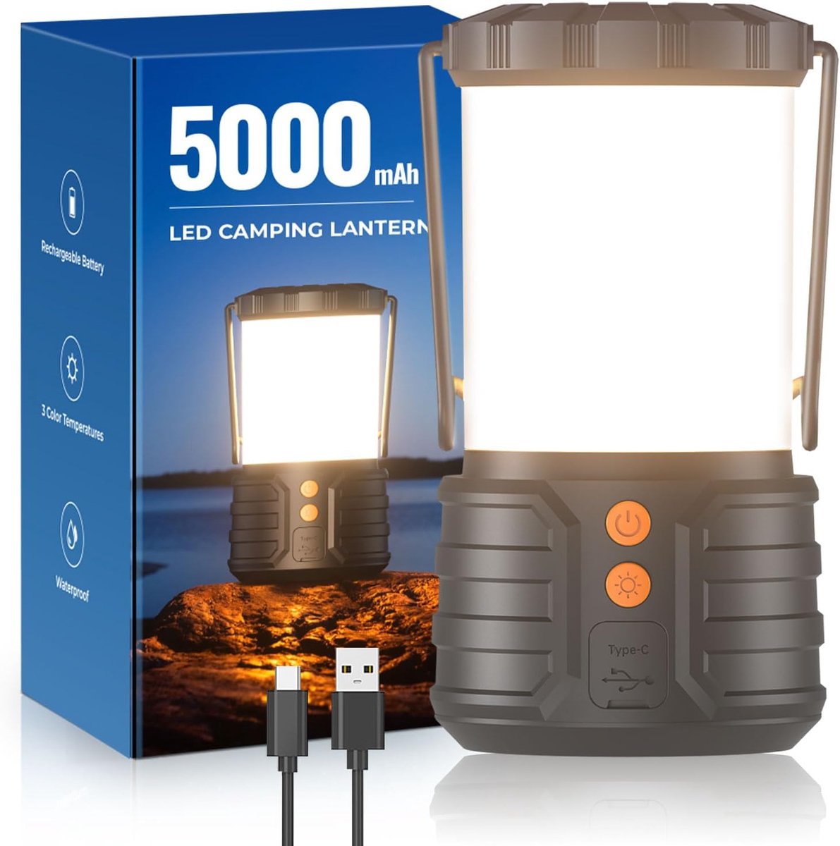 SnelShoppen - Camping Lamp met 5000mAh Oplaadbare Batterij, Waterdichte LED Licht voor Kamperen, 3 Kleuren, Ideaal voor Binnen en Buiten, 1 Stuk