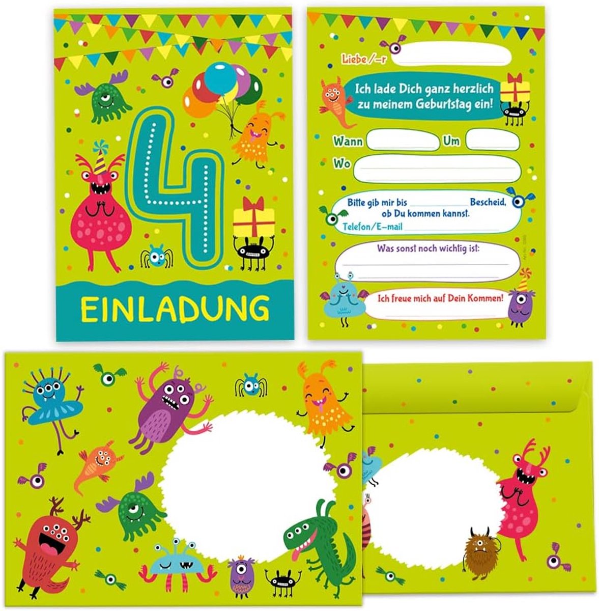 uitnodigingskaarten 12 stuks - 4e verjaardag - monster thema - voor jongens en meisjes - ShopVlot