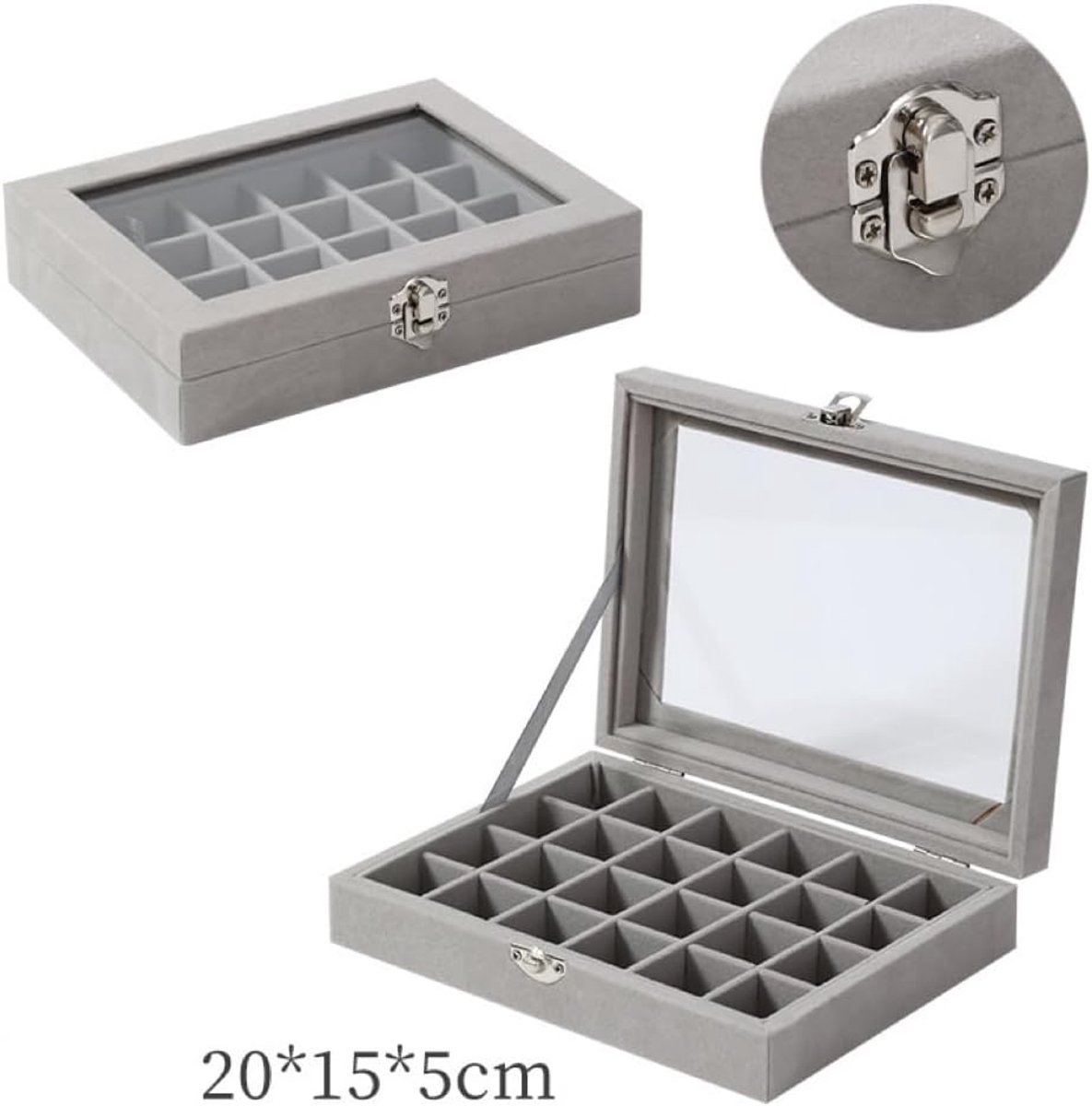 Sieradendoos 24 vakken - grijs velours - met spiegel - elegante opslag voor sieraden - ShopVlot