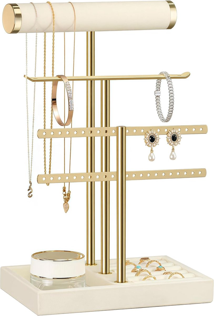 SnelShoppen - 3 Laags Sieradenstandaard met Verwijderbare T-Bars, Velvet Sieraden Organizer voor Armbanden, Kettingen, Horloges en Ringen, Beige Siera