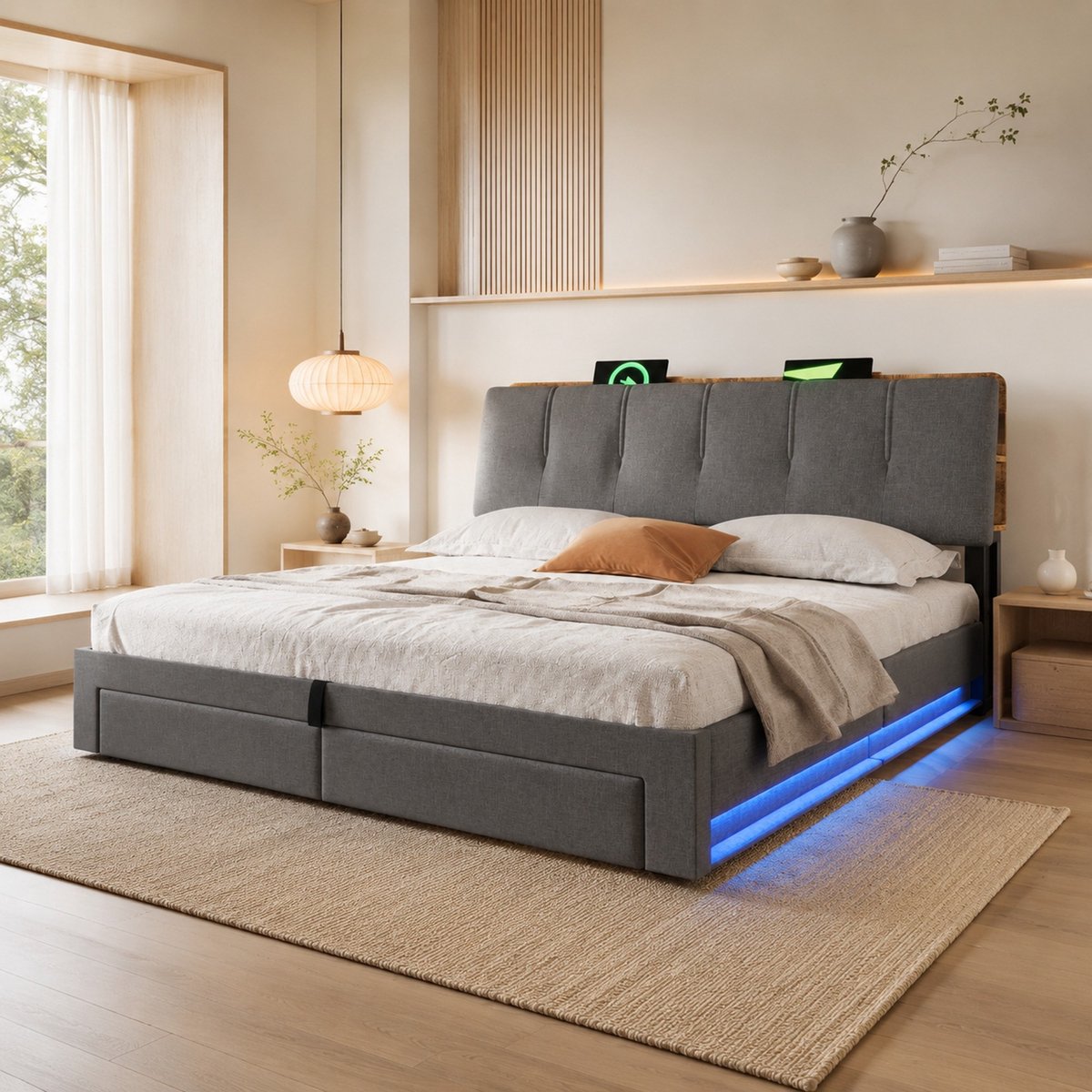 WUVRIE Gestoffeerd bed 180x200 cm met hydraulische opbergruimte, LED, USB-C en lades, grijs