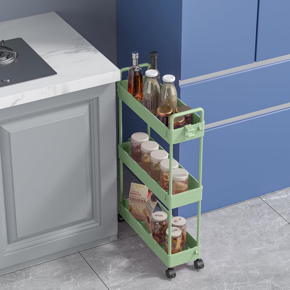 SnelShoppen - 3-Laags Slim Opslagwagen - Uitbreidbare Mobiele Opslagrekken - Organizer voor Keuken, Badkamer, Wasruimte, Slaapkamer, Smalle Ruimtes -