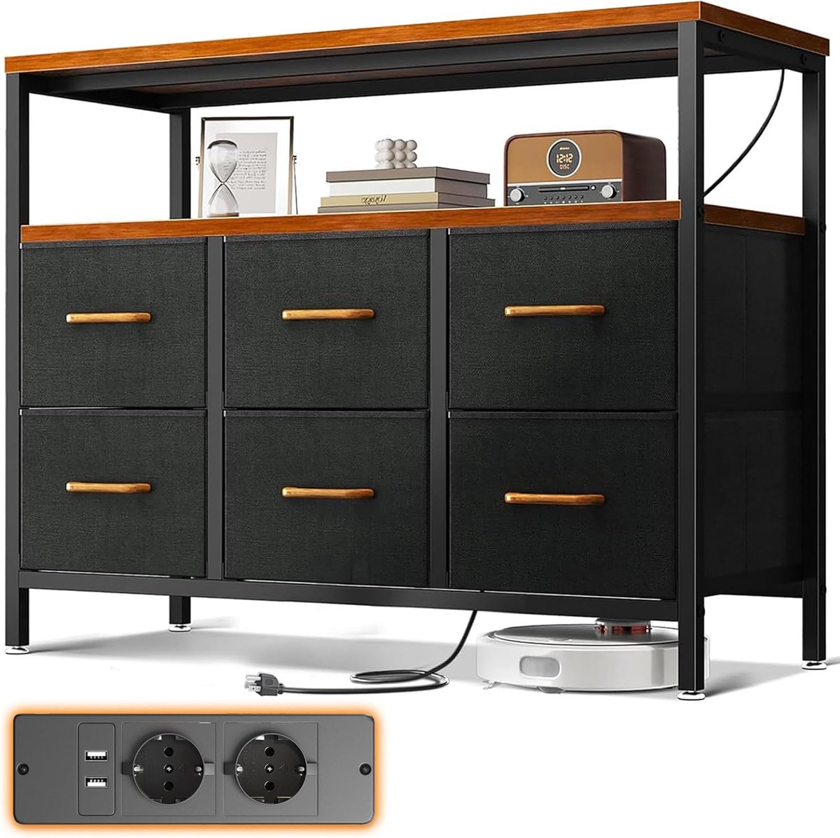 SnelShoppen - Multifunctionele Ladekast met 6 Grote Stoffen Lades, 2 Stopcontacten en 2 USB Poorten, Vintage Design voor Slaapkamer en Woonkamer, 100x