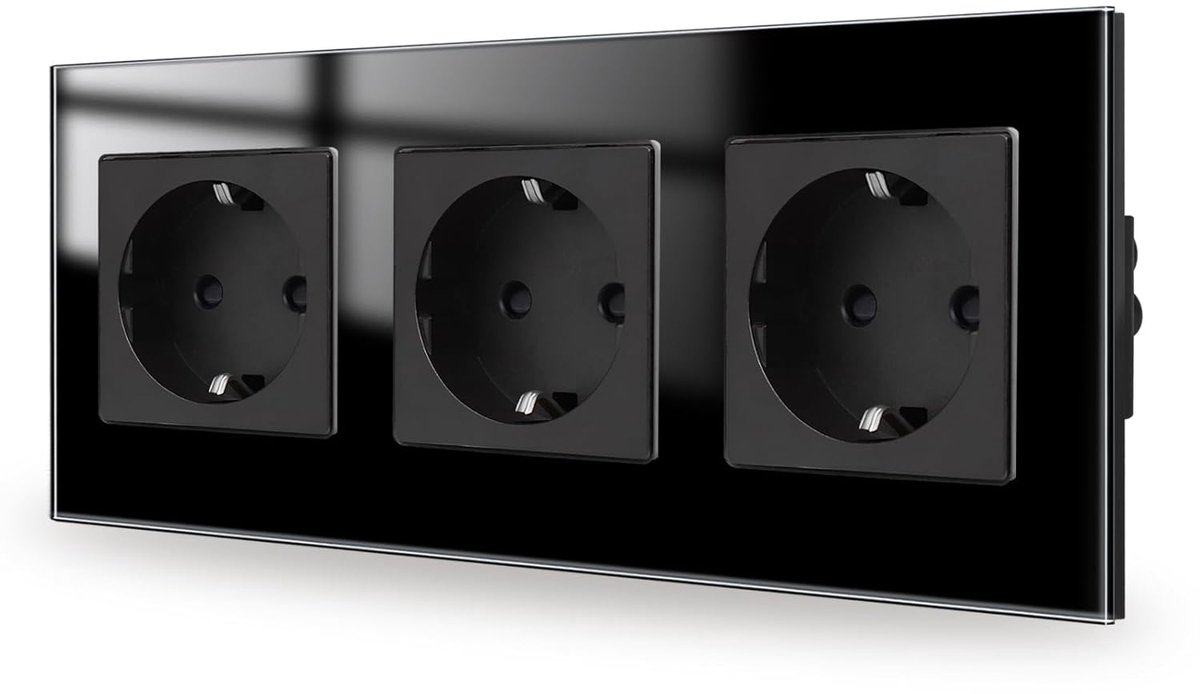 SnelShoppen - Recessed Glas Stopcontact Zwart, 3-Gang Aardingscontact, 16A 250V, 228x86mm voor Woonkamer, Keuken, Slaapkamer