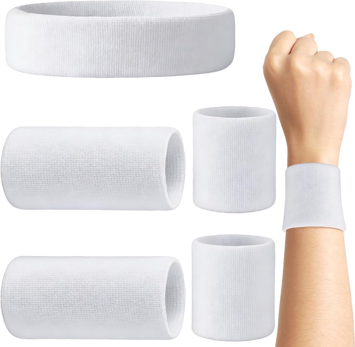 SnelShoppen - 5er Set Schweißbänder, Handgelenksbanden 8x8cm en 8x15cm, Atmungsactief Stirnband voor Sport, Fitness, Lopen, Yoga, Zwart en Kleurrijk