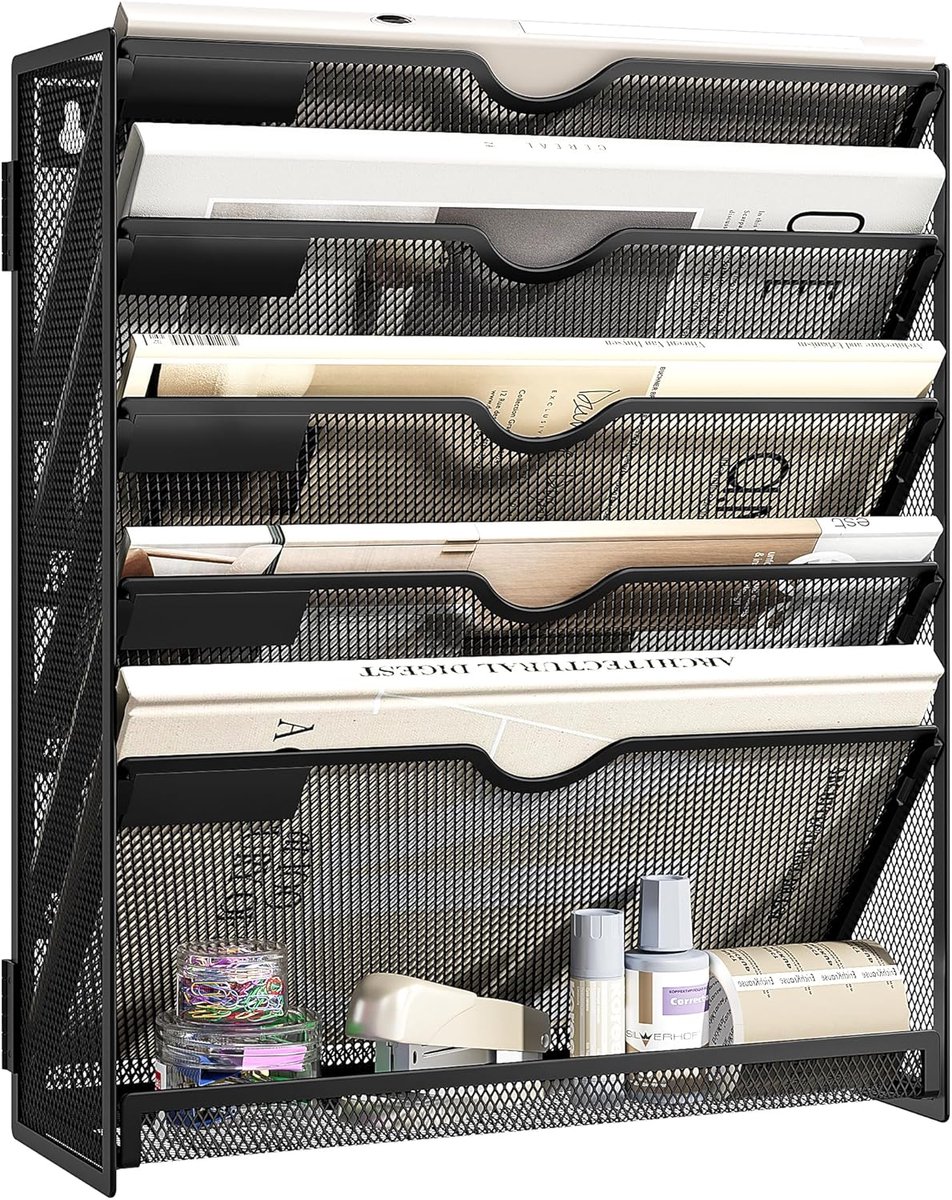 SnelShoppen - 6-Tier A4 Wandgemonteerde Tijdschriftenhouder - Zwart - Verticale File Organizer voor Mails, Mappen, Papers - Ideaal voor Kantoor en Thu