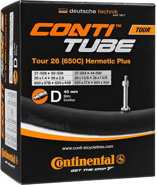 Zwarte doos met Conti Tour 26 (650C) Hermetic Plus binnenband, 40mm Dunlop ventiel.