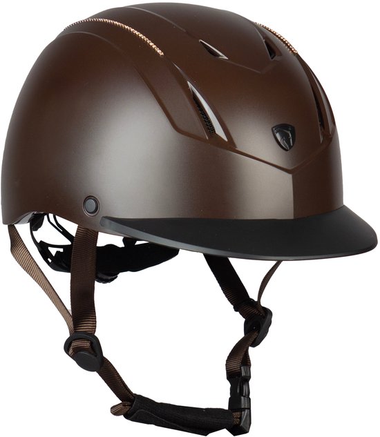 Bruine cap met vizier, zilverkleurige accenten en kinband.