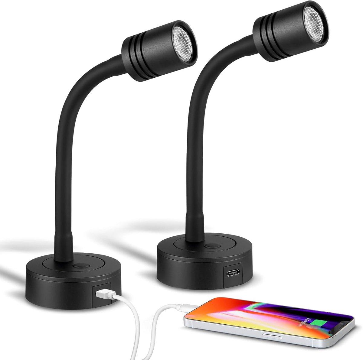 SnelShoppen - 12V Dimbare LED Leeskamperspotlight voor Camper, Boot en Caravan - Gooseneck Bedlamp met Type-C Oplader en Drukdimmer - 3200K, 2 Stuks