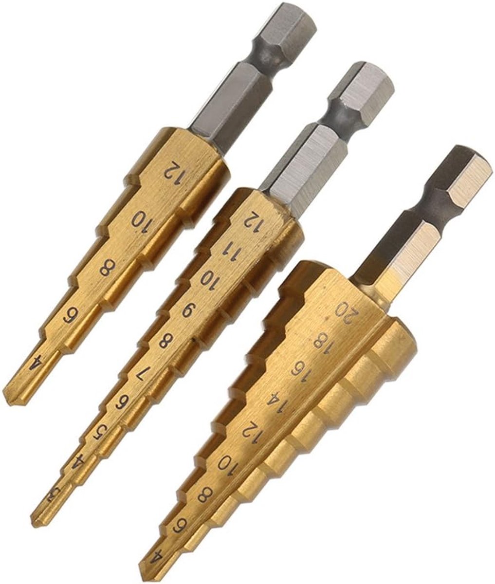 SnelShoppen - 3-delige HSS Boorset met Hex Shank - Trapsgewijze Boor voor RVS, Hout, Kunststof - Titanium Coating - 3-12mm, 4-12mm, 4-4-20mm