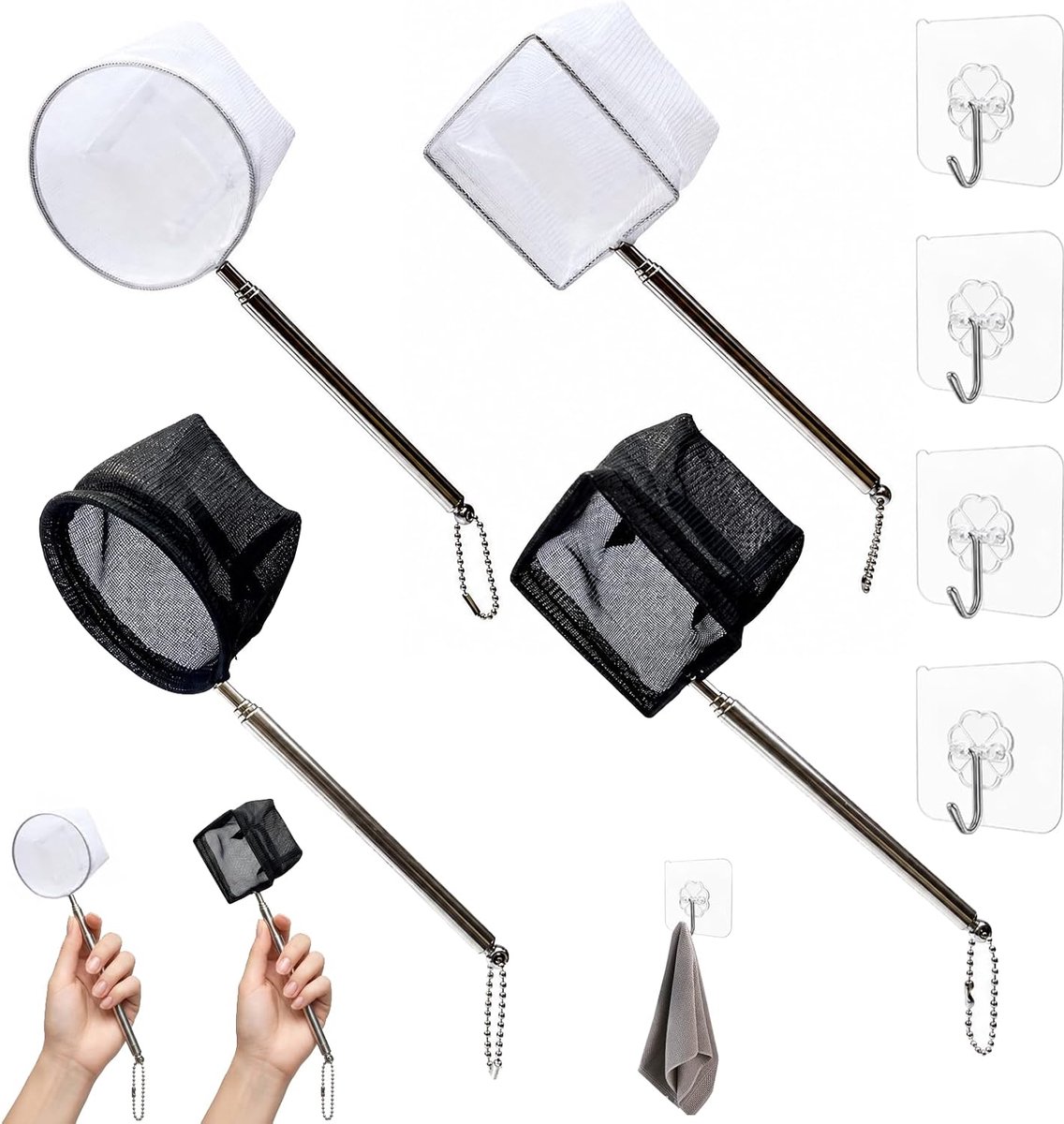 aquarium schepnet set 4 stuks - roestvrijstalen handgreep - telescopisch 13-39 cm - ShopVlot
