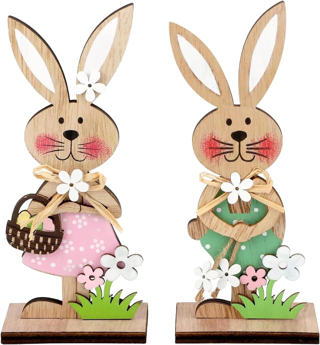 Houten Paashazen Decoratie - Staande Konijnen Set van 2 - Kleurrijke Lenteversiering - Gezellige sfeer voor kinderkamer - ShopVlot