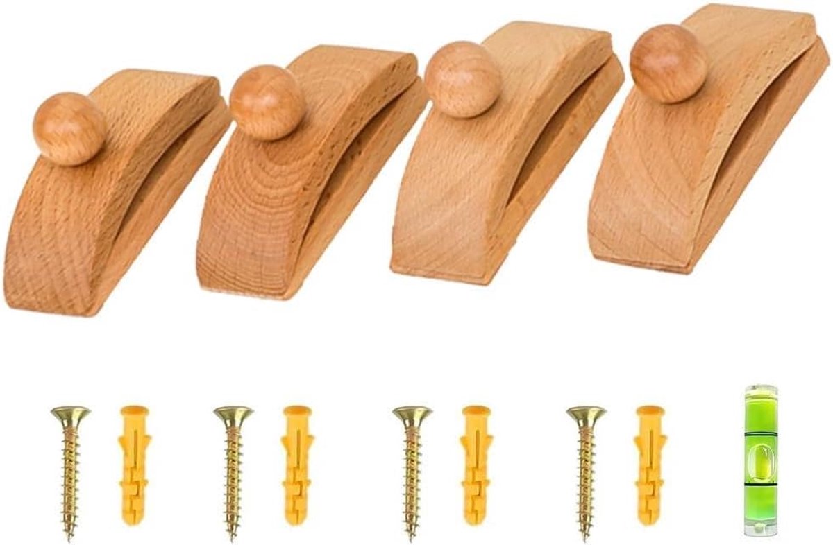 SnelShoppen - 4 Stuks Houten Wandhaken Set voor Dekens, Tapijten en Textiele Kunst - Flexibele Houten Klemmen - Beukenhout - Ideaal voor Thuisdecorati