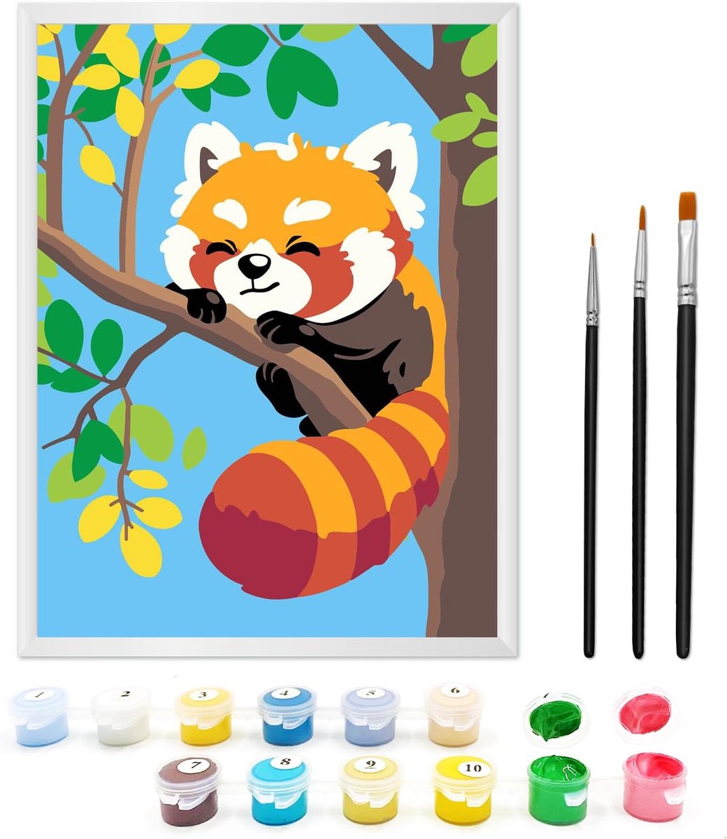 SnelShoppen - Schilderen op Nummer voor Kinderen 5+ Jaar, Inclusief Lijst en 3 Penselen, Acrylverf, Rode Panda, Creatieve Activiteit voor Jongens en M