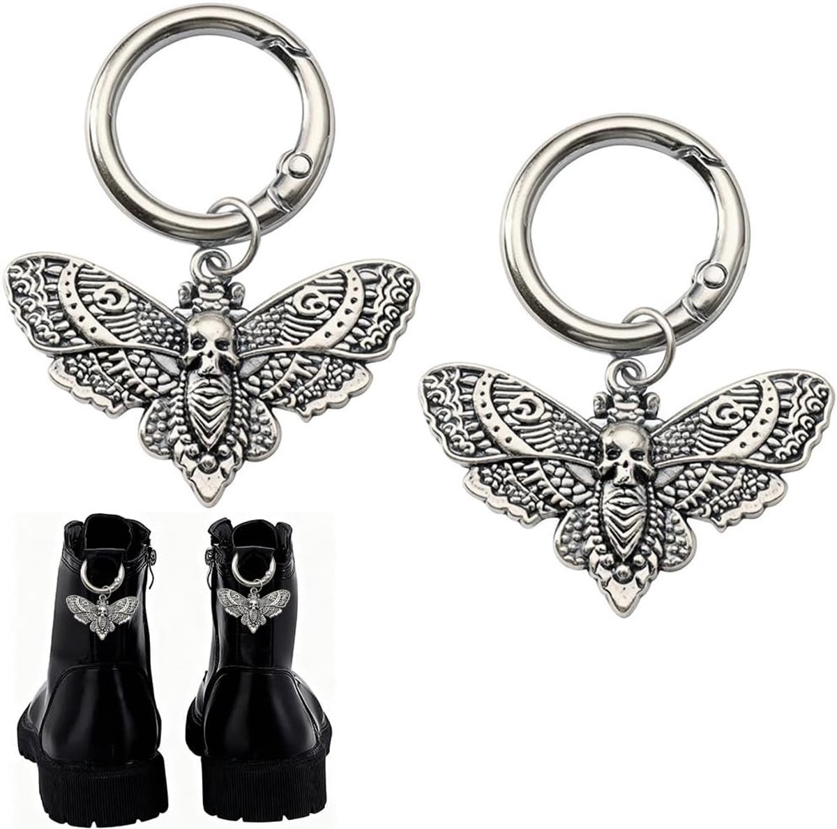 2 Stuks Punk Lace Charms Gothic Schoen Charms met Spring Gate Ringen Antiek Zilver Moth Vintage Retro Halloween Legering Decoratieve Kleine Laarzen Hanger voor Schoenen Sneakers Laarzen DIY