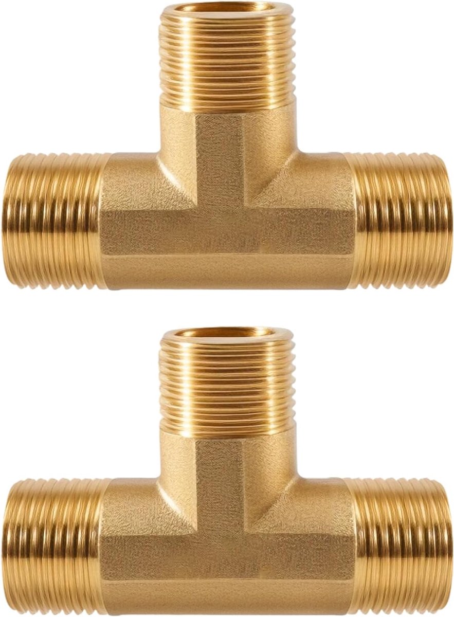 2 stuks T-stuk 90° 3/8 inch AG, messing 3-weg T-verbindingsstuk