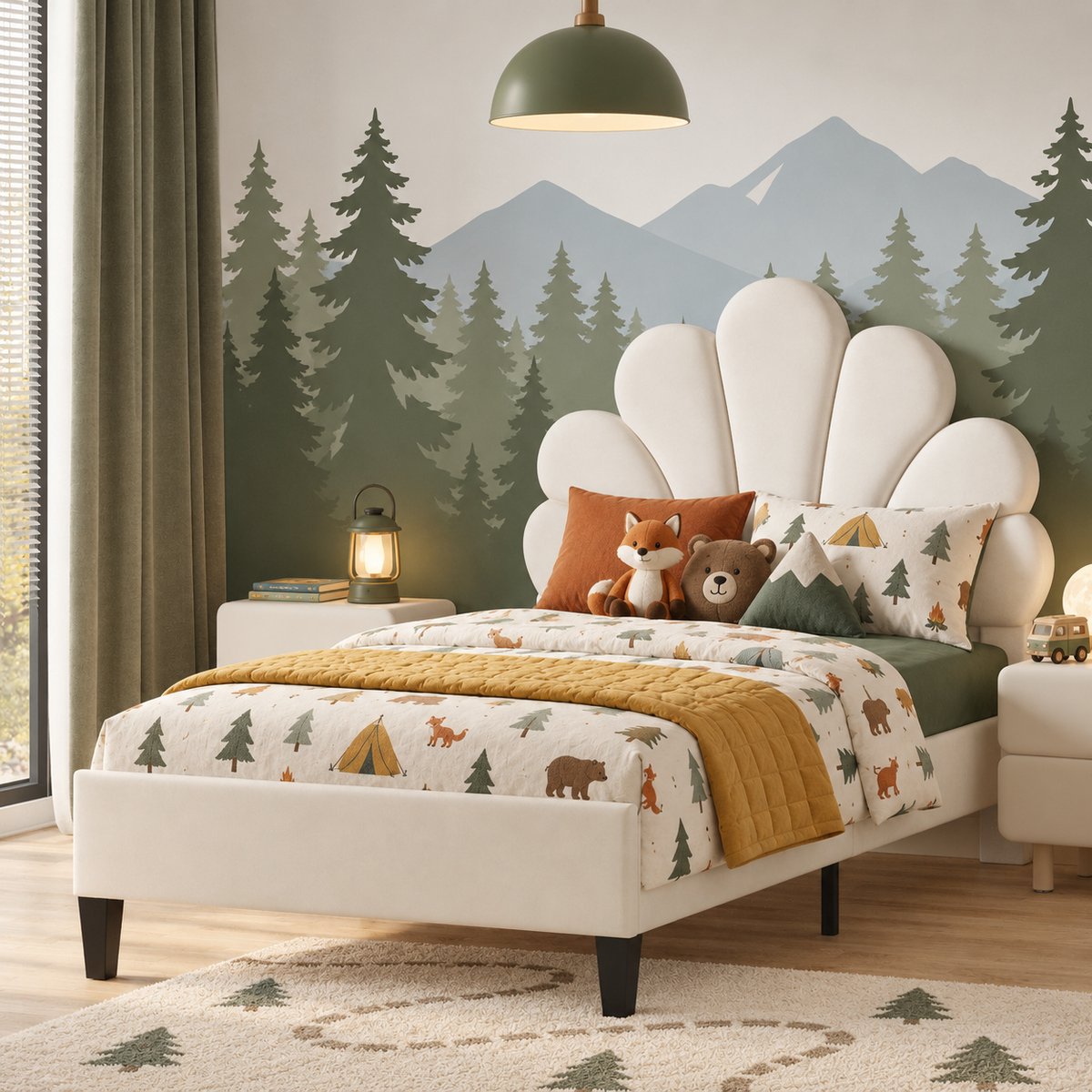MEXUS Kinderbed 90x200 cm, Eenpersoonsbed, Meisjesmodel, Bloemvormig Hoofdeinde, Lattenbodem, Geschikt voor Tieners, Extra Bed, Fluwelen Stof (Beige)