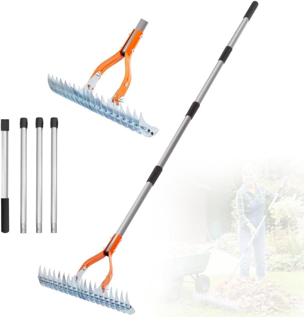 Verticuteerhark met steel, 170 cm, metalen snijhark, tuin, afneembaar, verstelbare verticuteerhark, handverticuteerhark, verticuteerhark voor gazon, binnenplaats, tuin