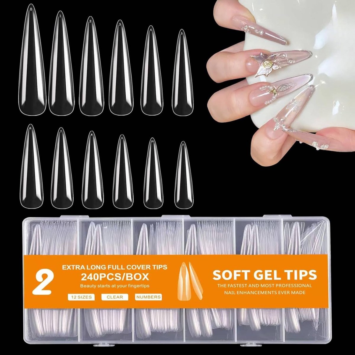 Extra lange stiletto nageltips 240 stuks, 12 maten geen C-curve heldere nageltips, volledige dekking nageltips set, kunstmatige gelnageltips voor beginners professionele thuissalon
