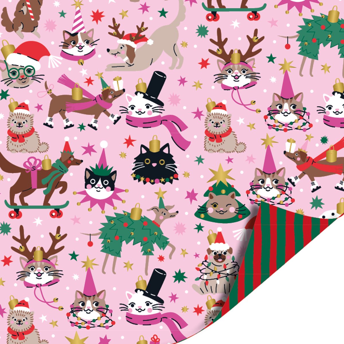Het Inpakhuis - Cadeaupapier - Inpakpapier - Kadopapier - Kerst - Christmas Pets - Stripes Red Green - 50cm x 3mtr - Dieren - Katten - Honden