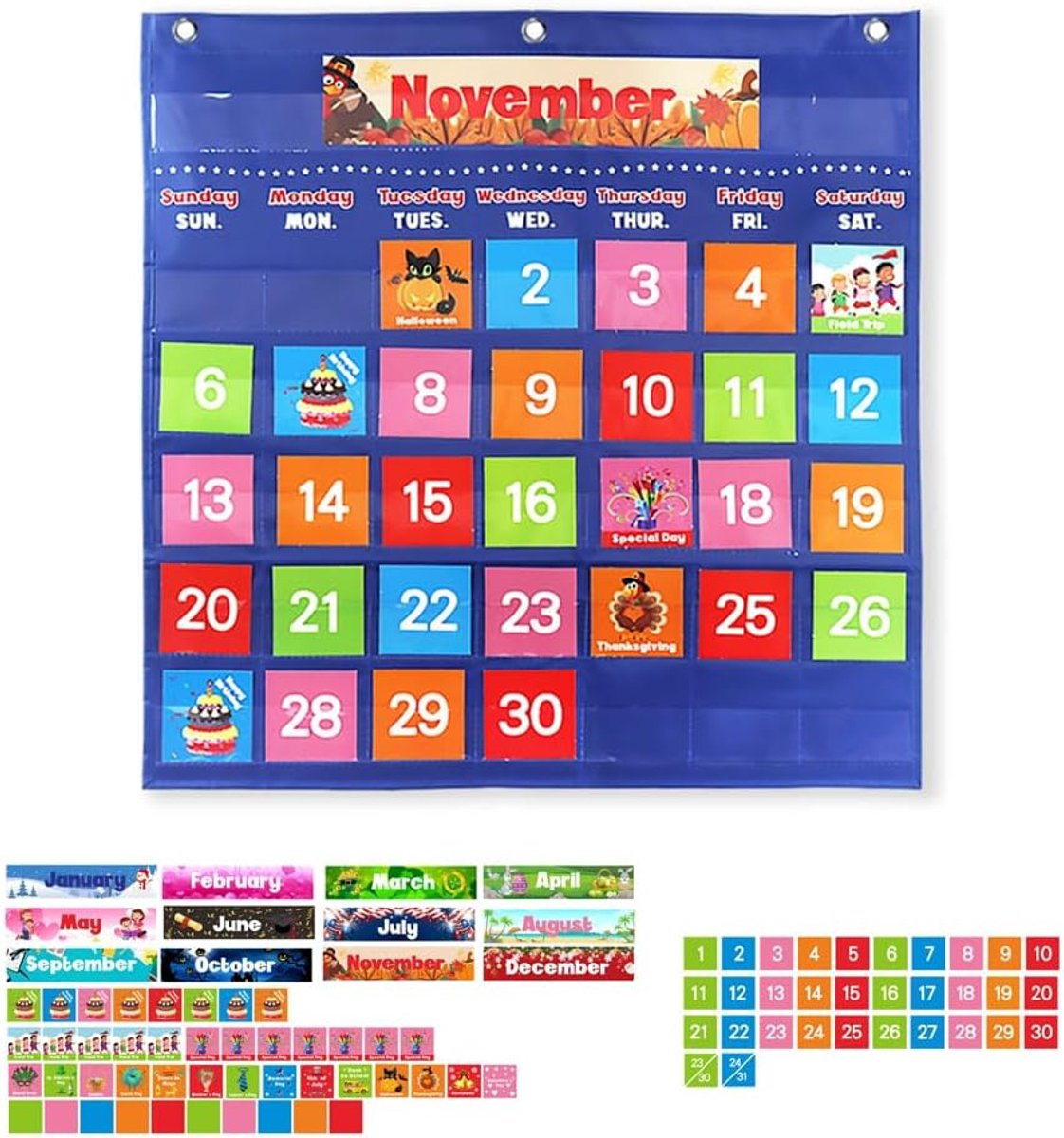 Zalati Kalender Pocket Chart Maandelijkse Activiteitenplanner met 88 Kaarten voor Kinderen Onderwijs Leren Speelgoed Klaslokaal Festival Decoratie