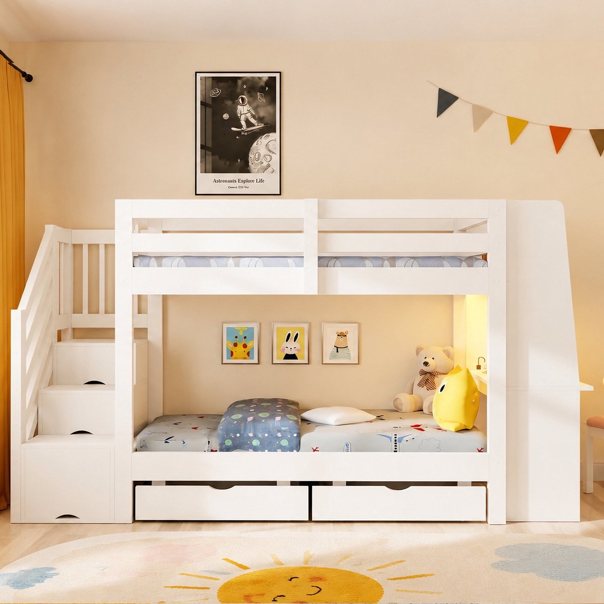 VVBV Stapelbed 90x200 – Houten Stapelbed met Opbergruimte, Lades, Legplanken, Bureau, Ladder, Trap en LED-Verlichting – Modern Design – Wit