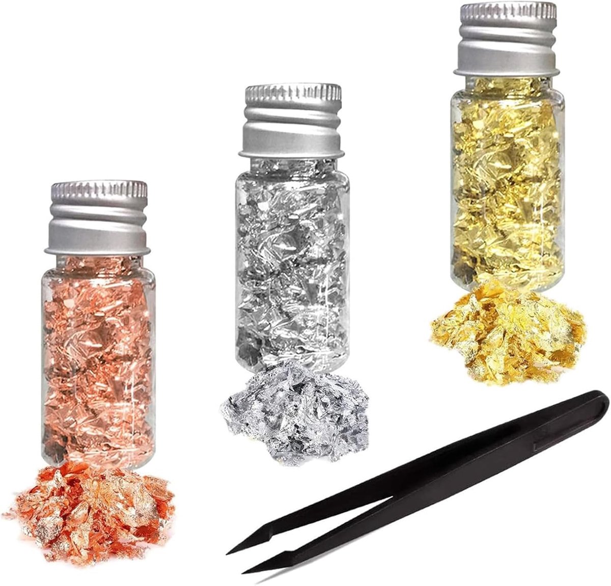 Koperblad, 3 stuks goudfolie vlokken goud zilver rozenblad metallic folie vlokken 5 g folie vlokken met pincet voor slijm en hars sieraden maken nail art schilderij doe-het-zelf